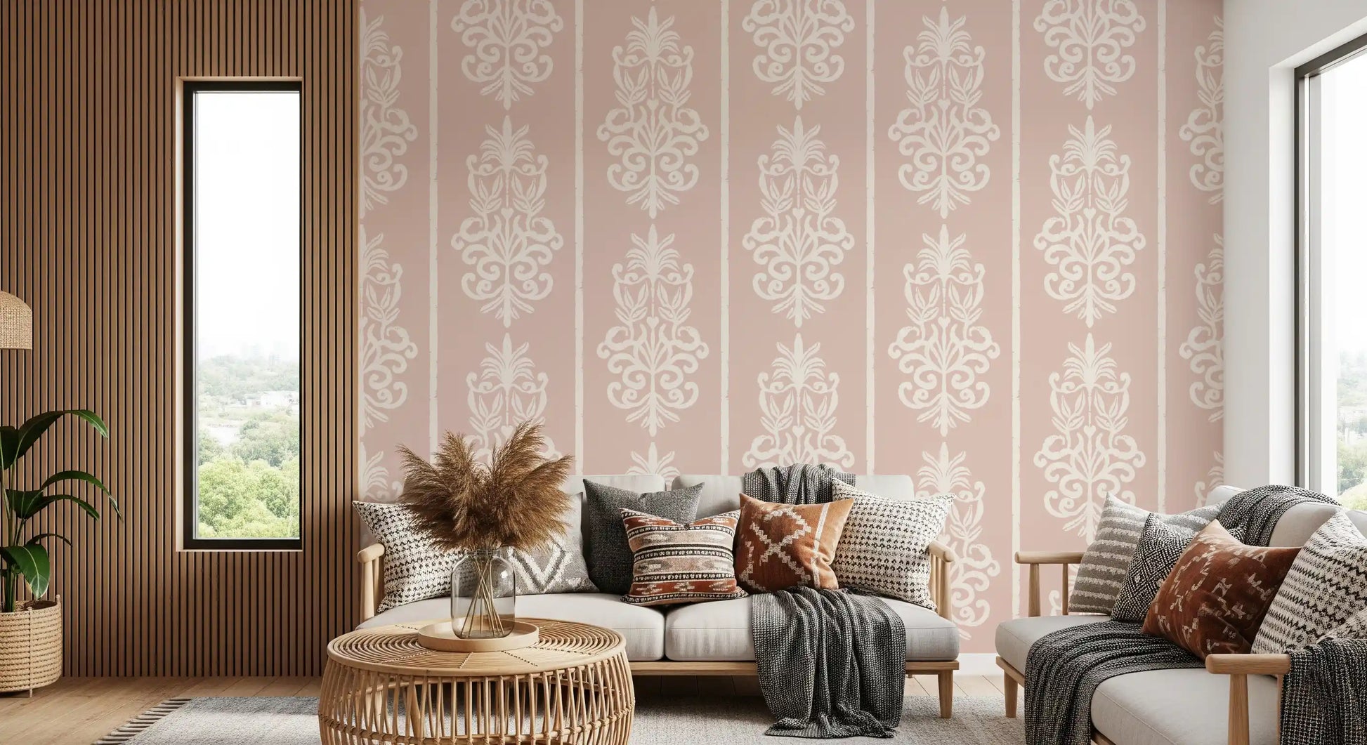 Blush Damask Striped Motif Wallpaper⁠