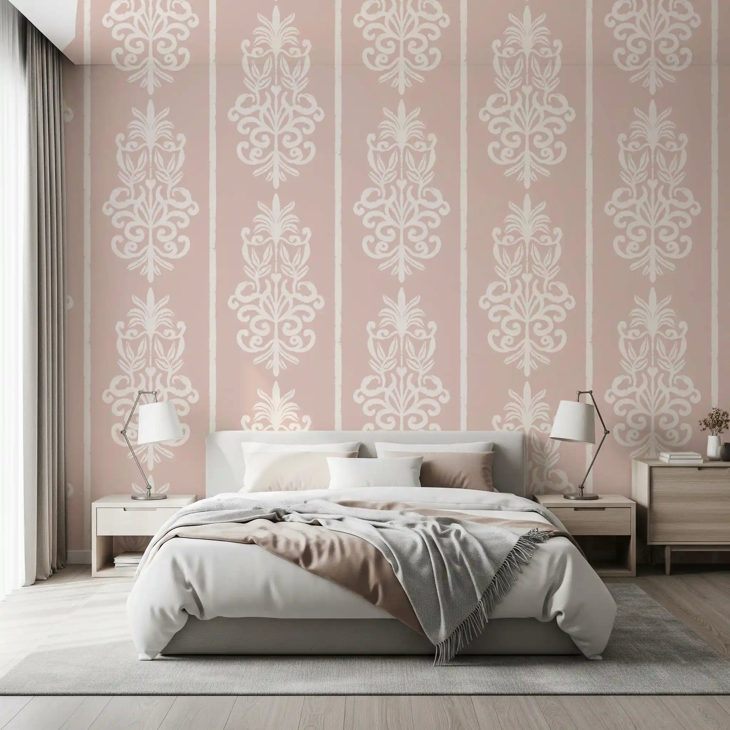 Blush Damask Striped Motif Wallpaper⁠