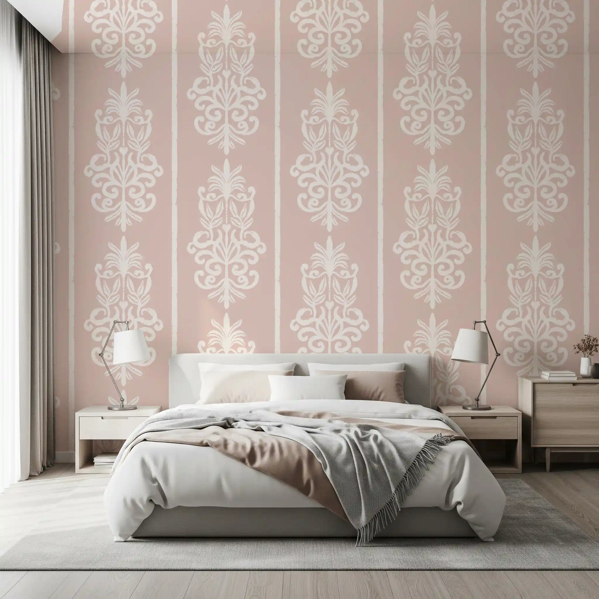 Blush Damask Striped Motif Wallpaper⁠