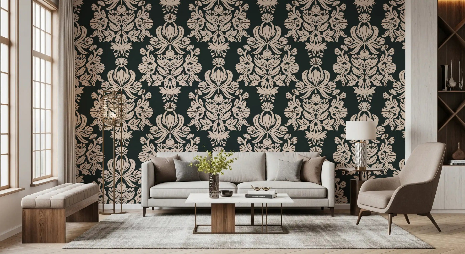 Creamy Damask Flora Wallpaper⁠