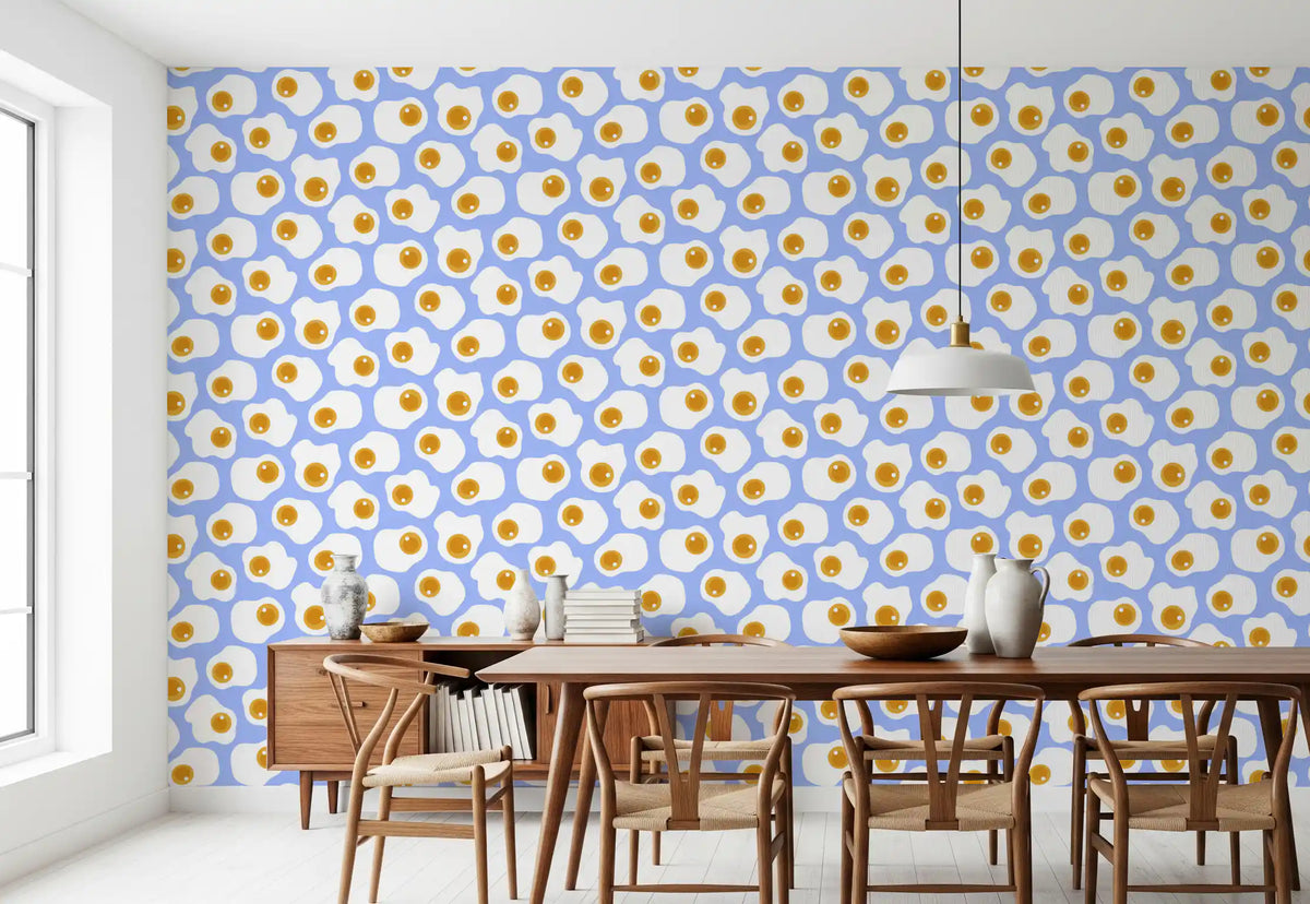 Minimalist egg scatter wallpaper in a bright dining room with a wooden table GD11897