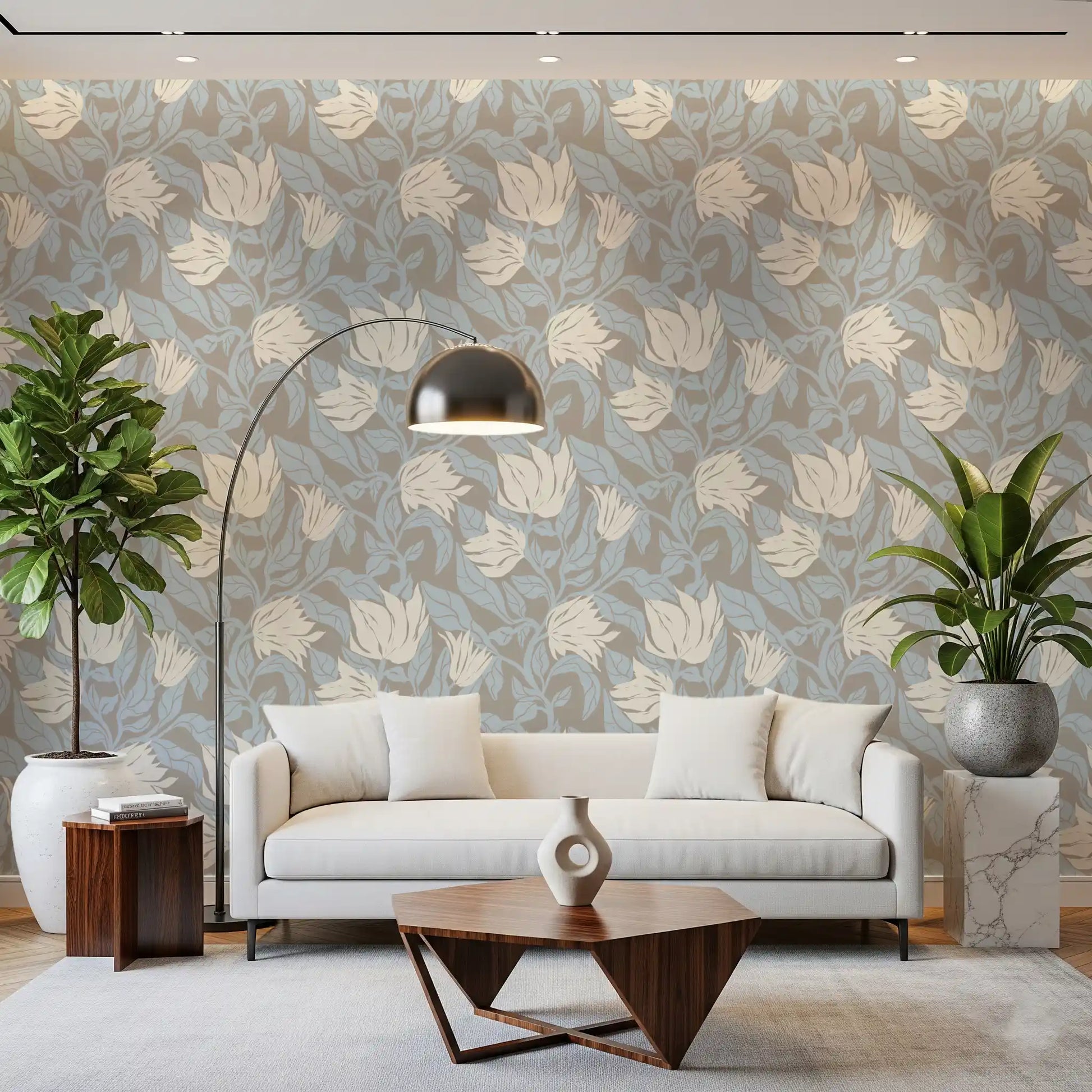 Serene Cream and Blue Floral Sketch Wallpaper⁠