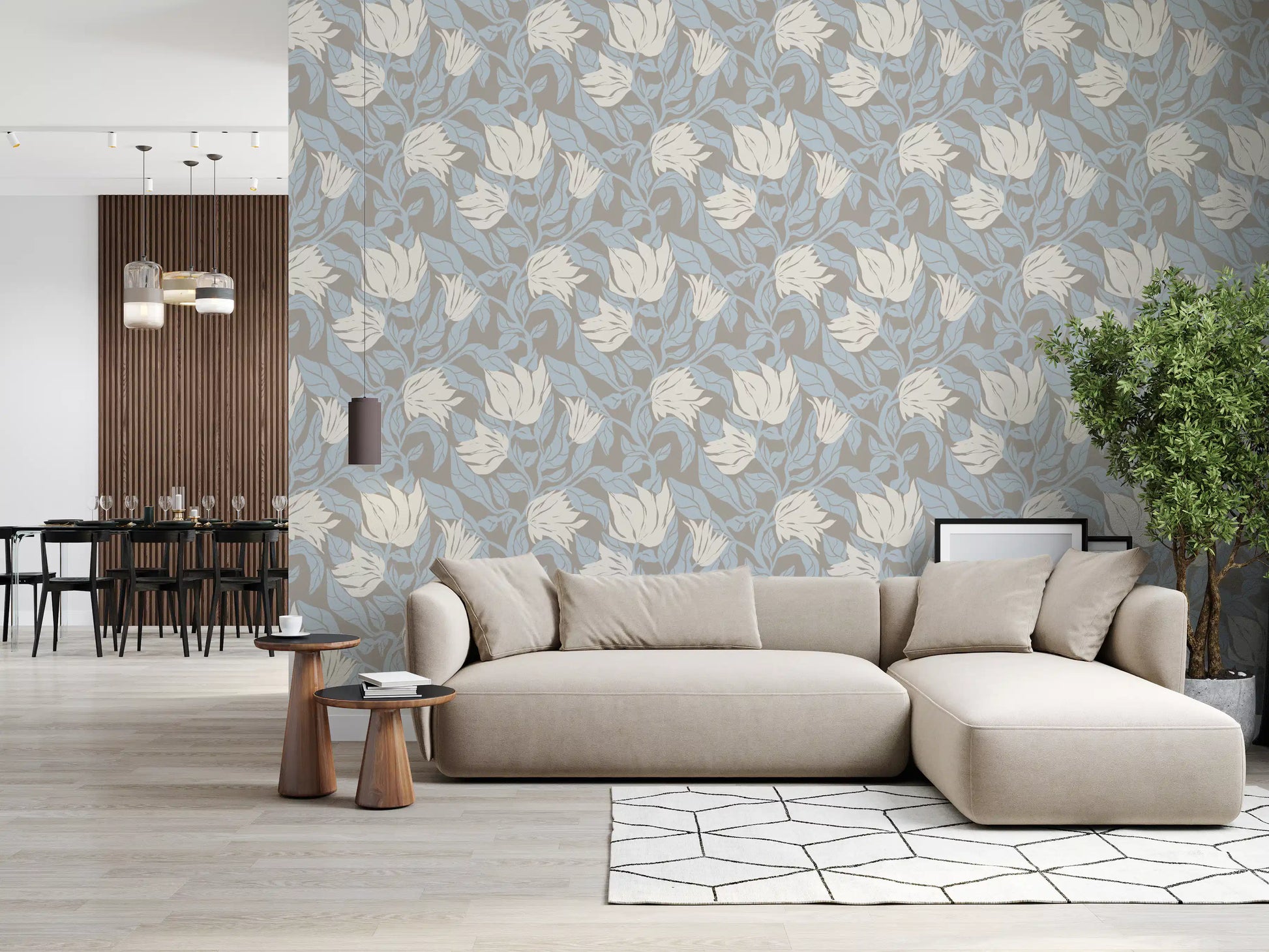 Serene Cream and Blue Floral Sketch Wallpaper⁠