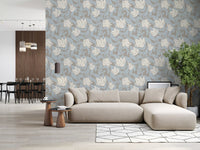 Serene Cream and Blue Floral Sketch Wallpaper⁠