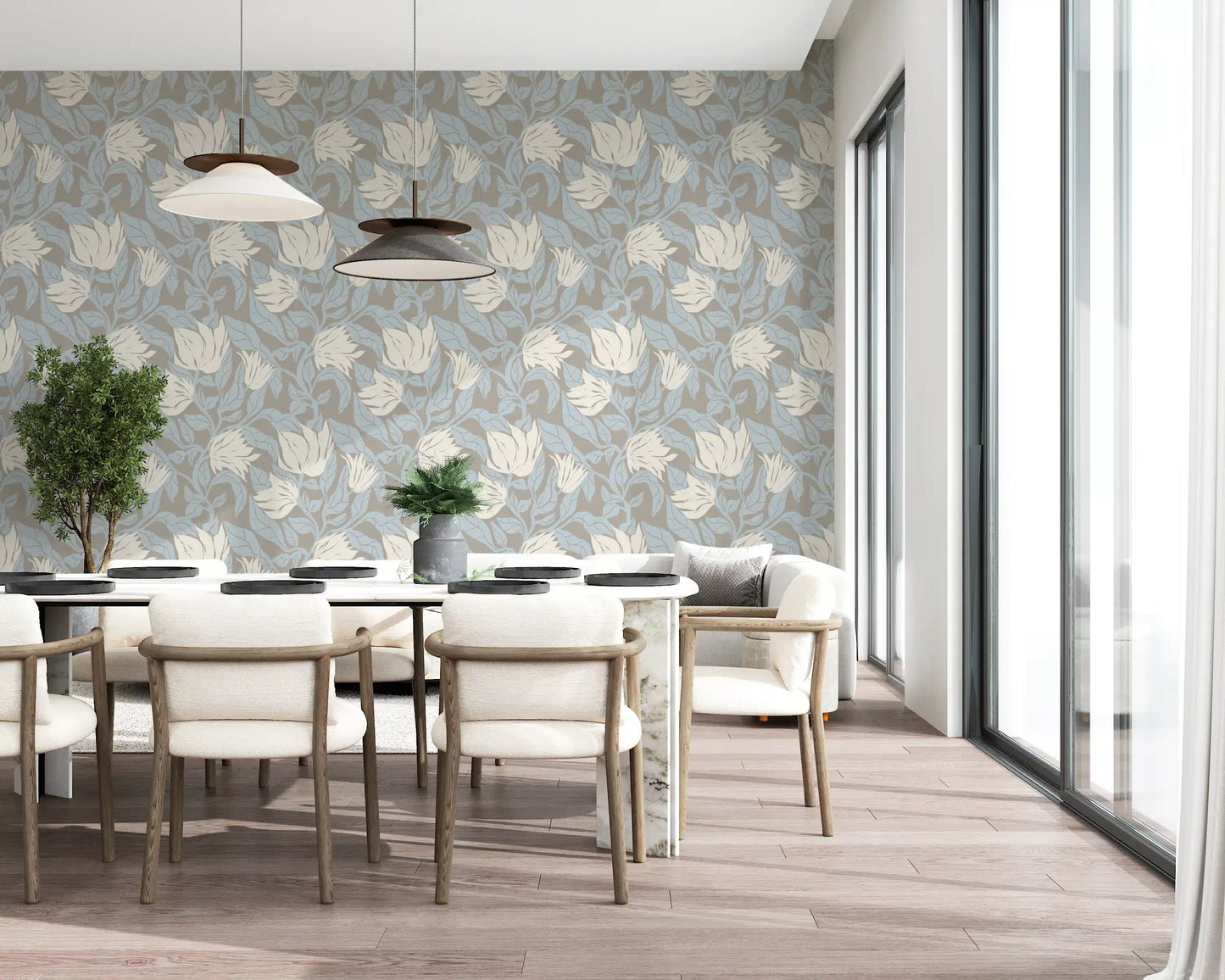 Serene Cream and Blue Floral Sketch Wallpaper⁠