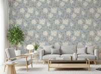 Serene Cream and Blue Floral Sketch Wallpaper⁠