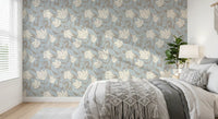 Serene Cream and Blue Floral Sketch Wallpaper⁠