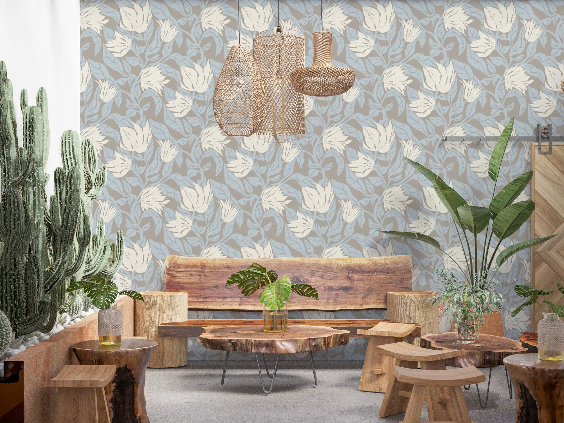 Serene Cream and Blue Floral Sketch Wallpaper⁠