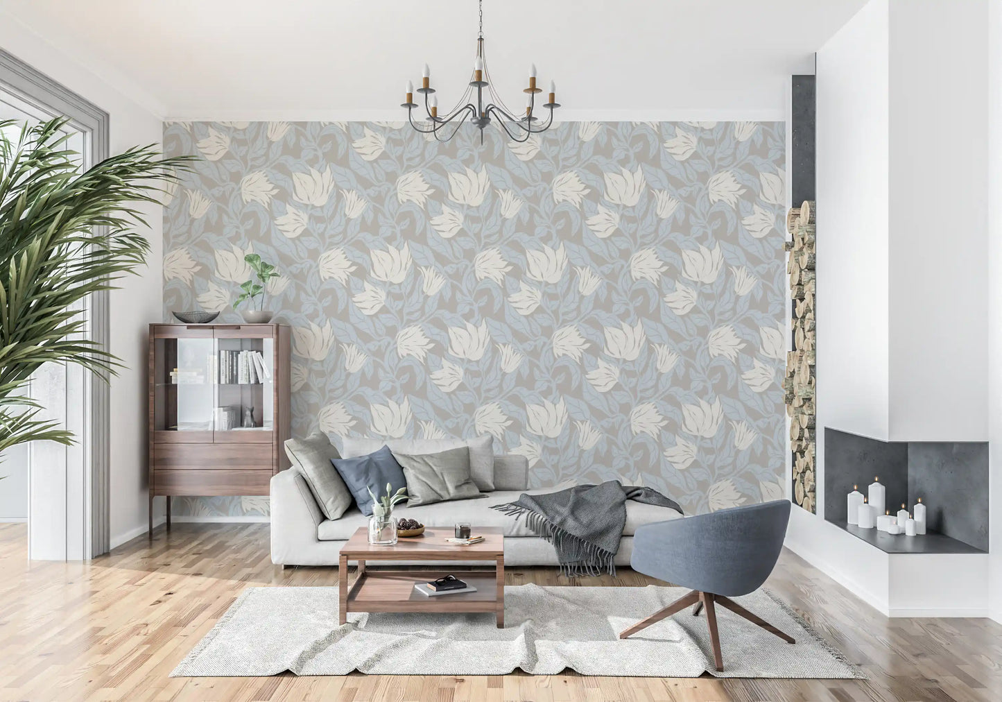 Serene Cream and Blue Floral Sketch Wallpaper⁠