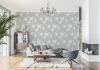 Serene Cream and Blue Floral Sketch Wallpaper⁠