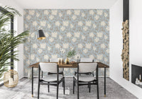Serene Cream and Blue Floral Sketch Wallpaper⁠