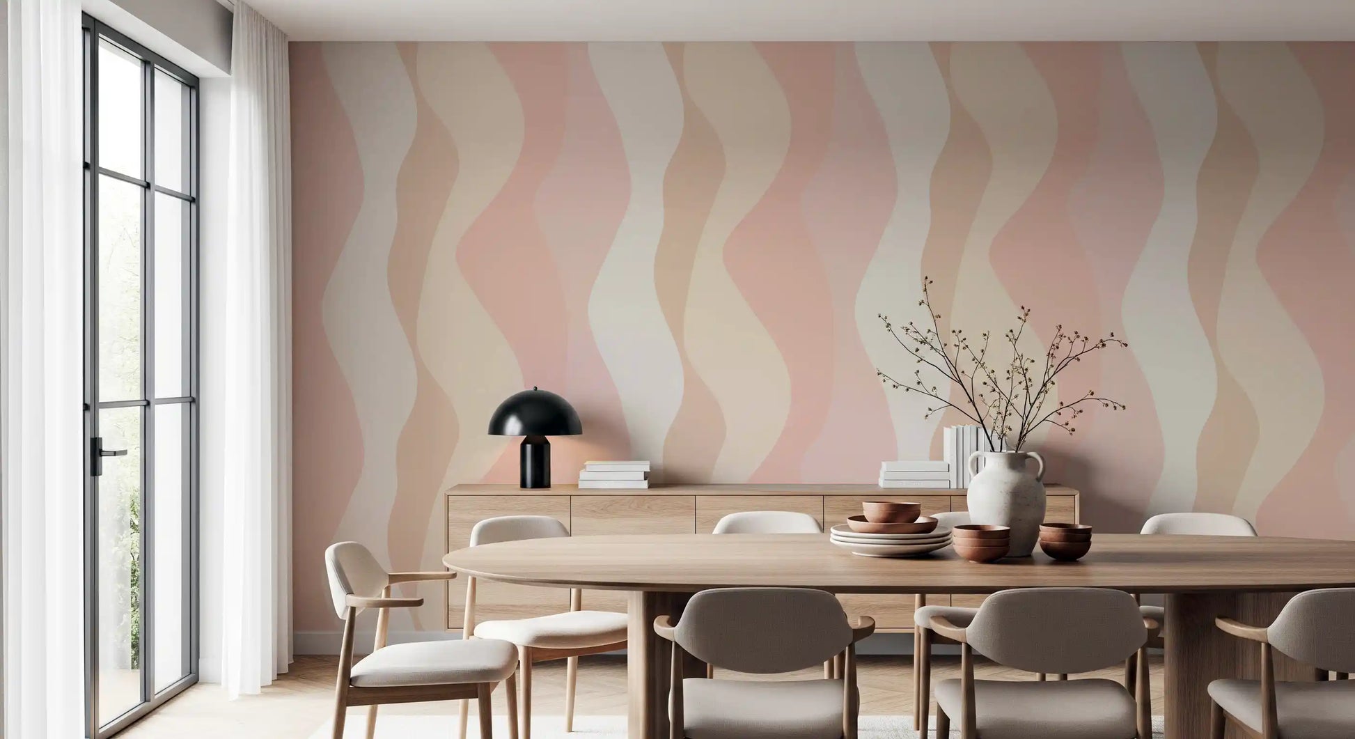 Soft Blush Wavy Stripes Wallpaper⁠