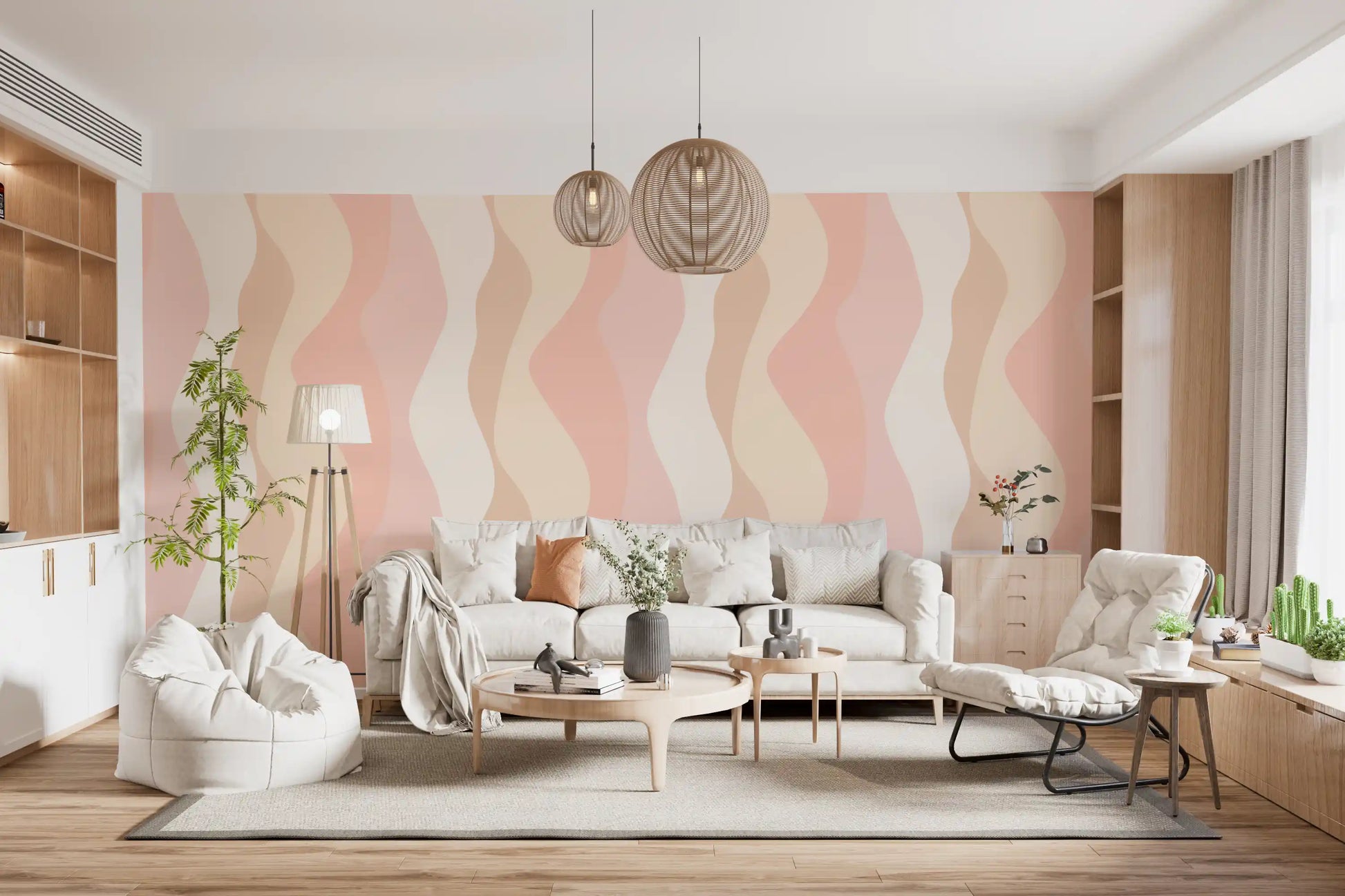 Soft Blush Wavy Stripes Wallpaper⁠