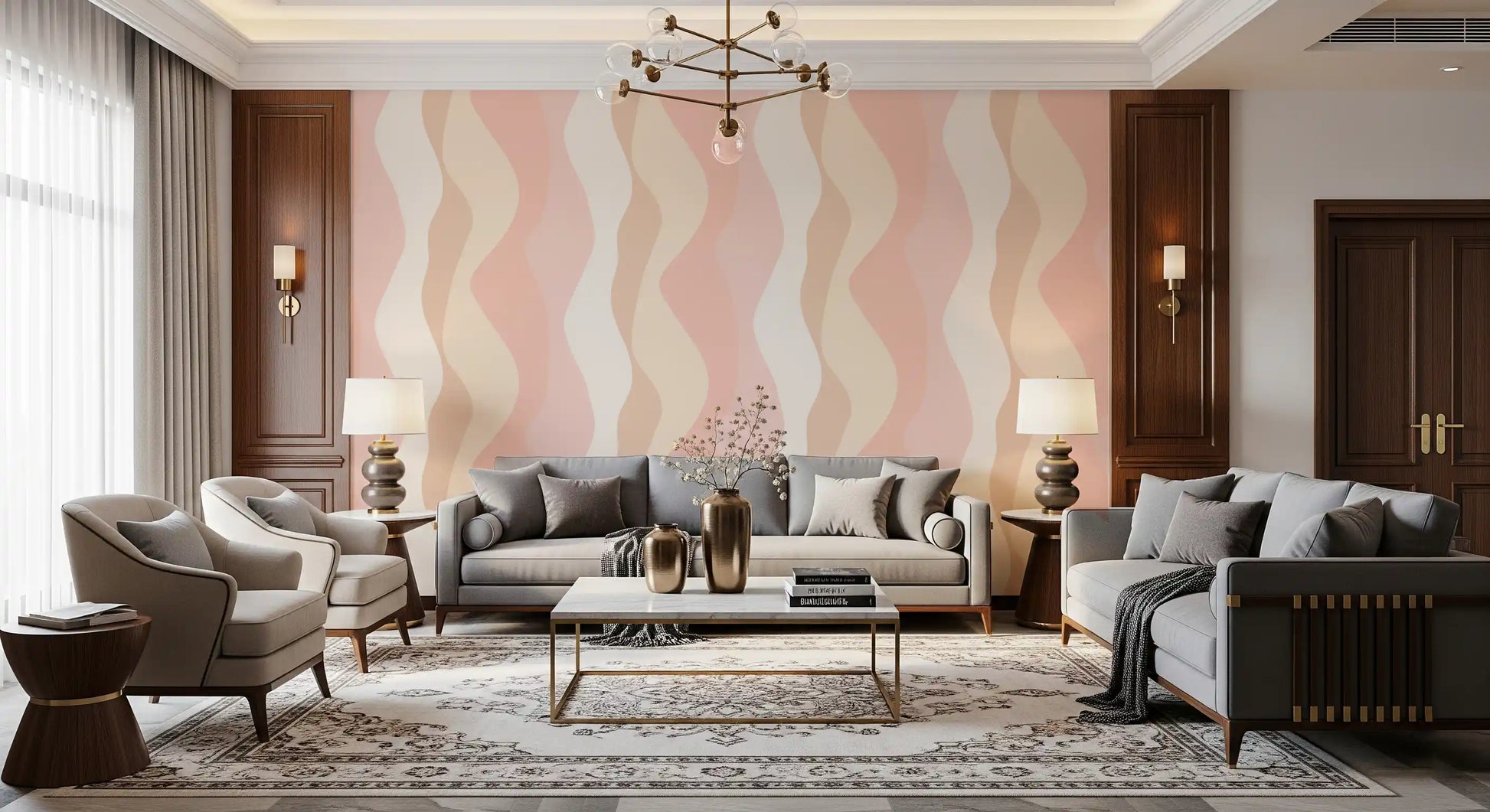 Soft Blush Wavy Stripes Wallpaper⁠