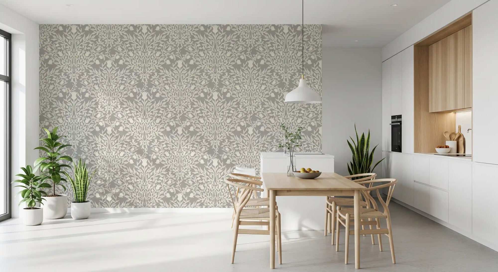 Damask botanical wallpaper in a bright dining and kitchen area GD11909