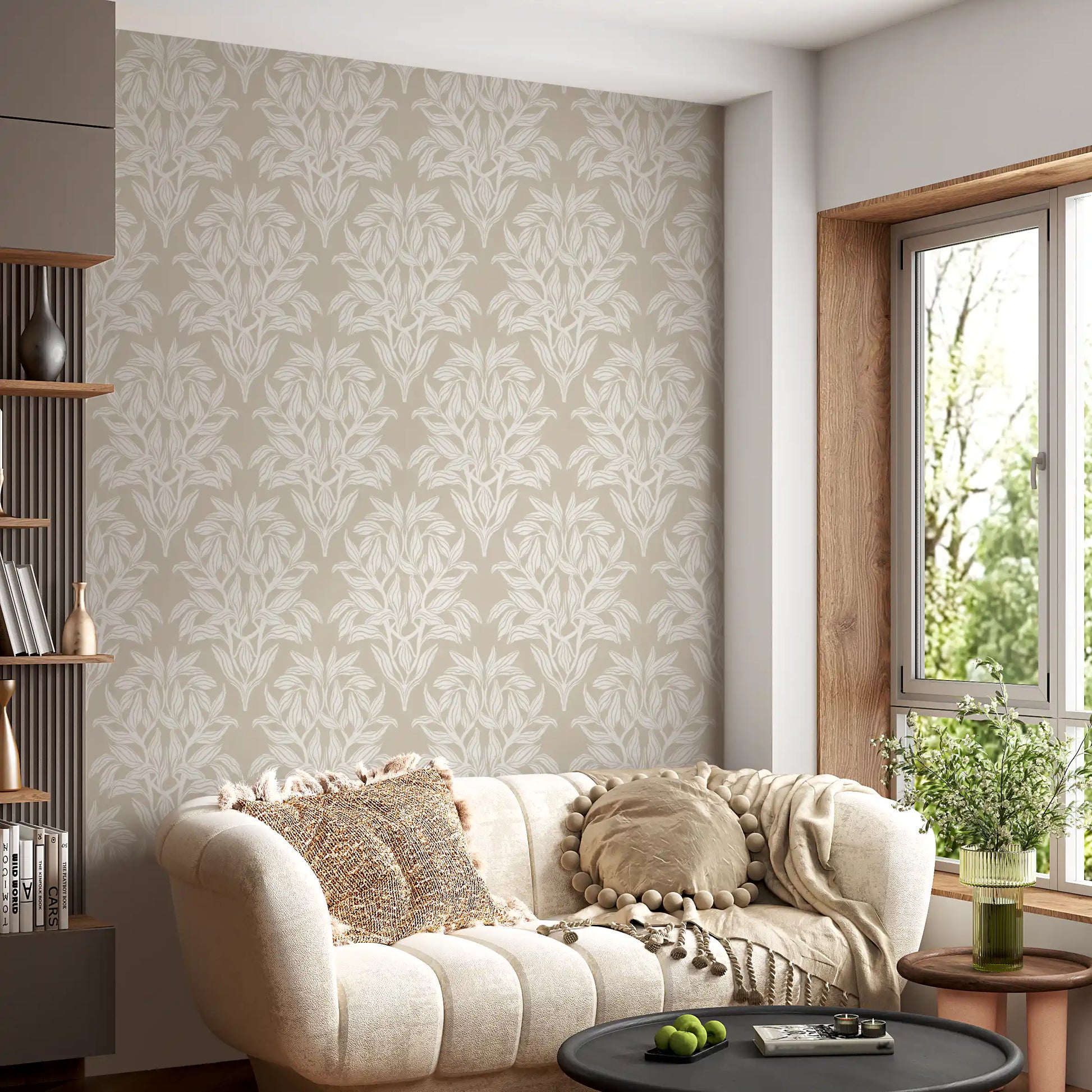 Organic Cream Leaf Motif Wallpaper⁠