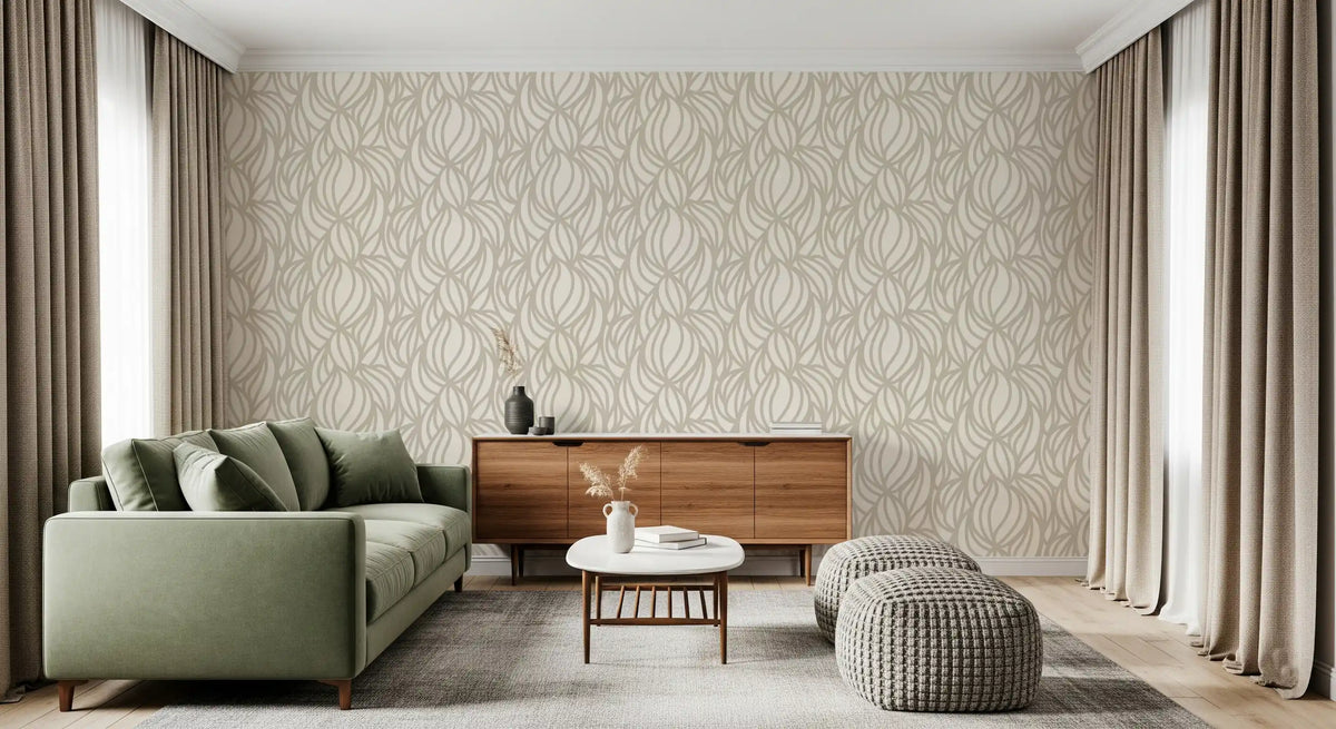 Cream swirl geometric wallpaper in a living room with a green sofa GD11913