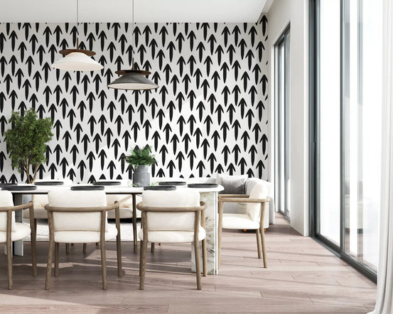 Black and white arrow wallpaper in a bright dining room with a long table GD11915