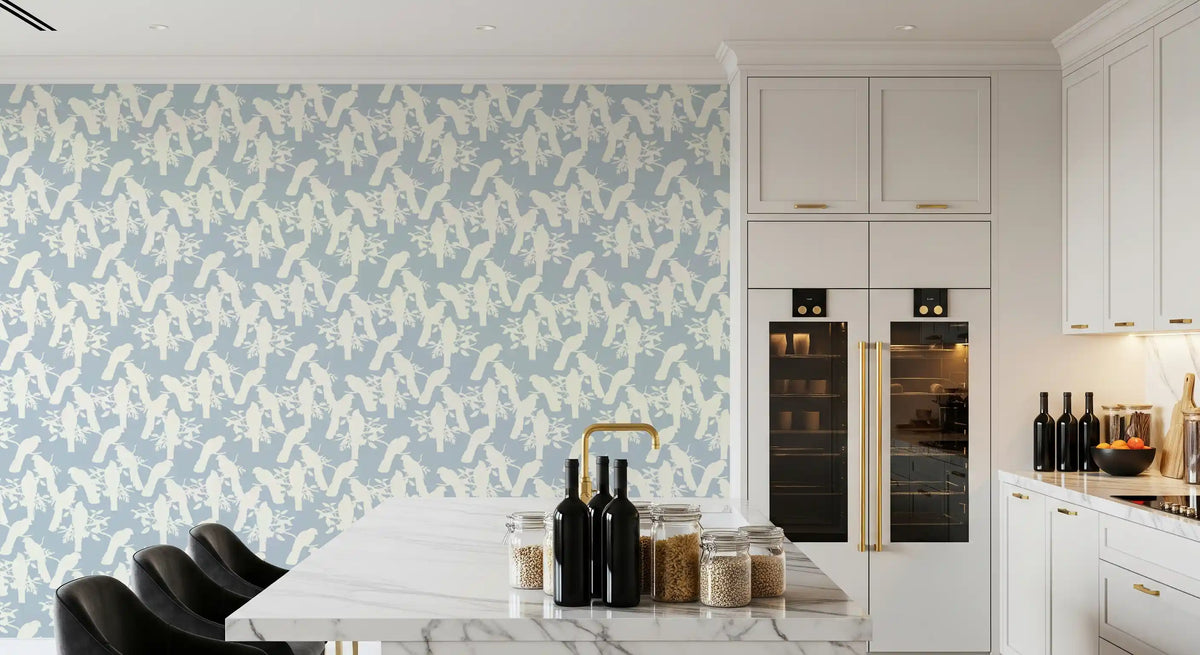 Powder-blue bird branch wallpaper in a sleek modern kitchen GD11918