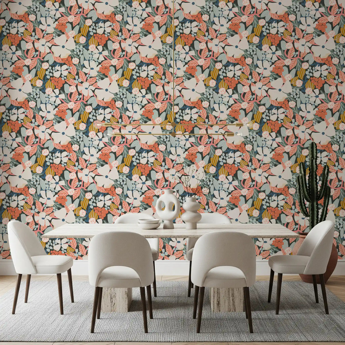 Colourful floral garden wallpaper in a bright dining room GD11919