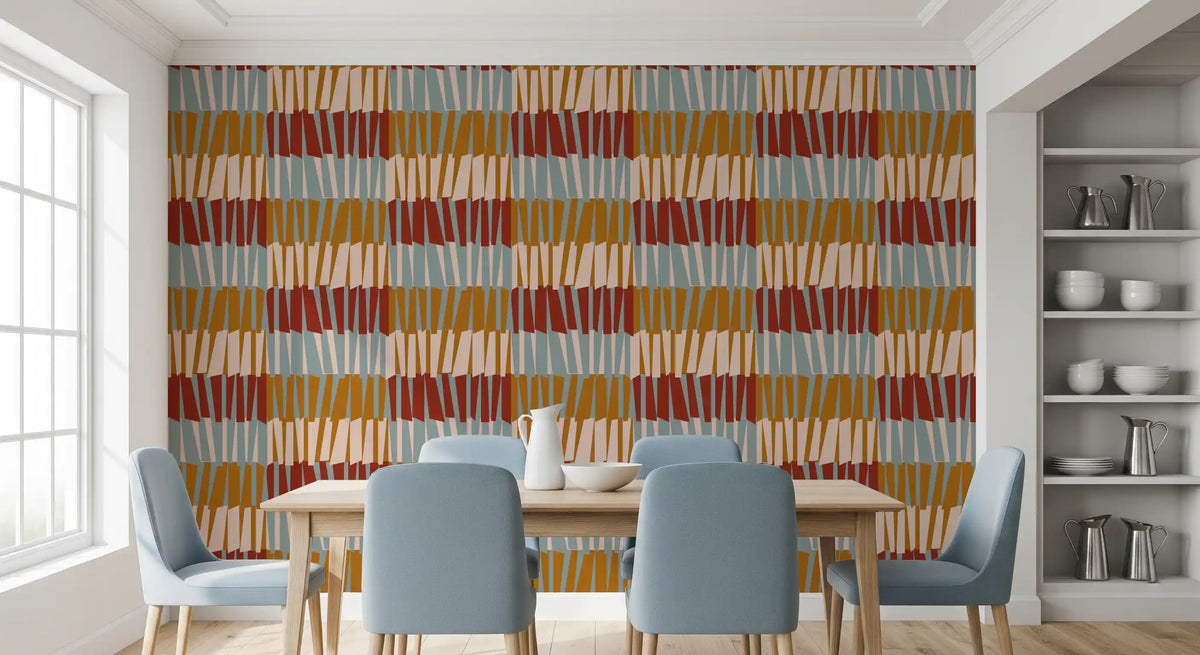 Retro block geometric wallpaper in a bright dining room with blue chairs GD11921