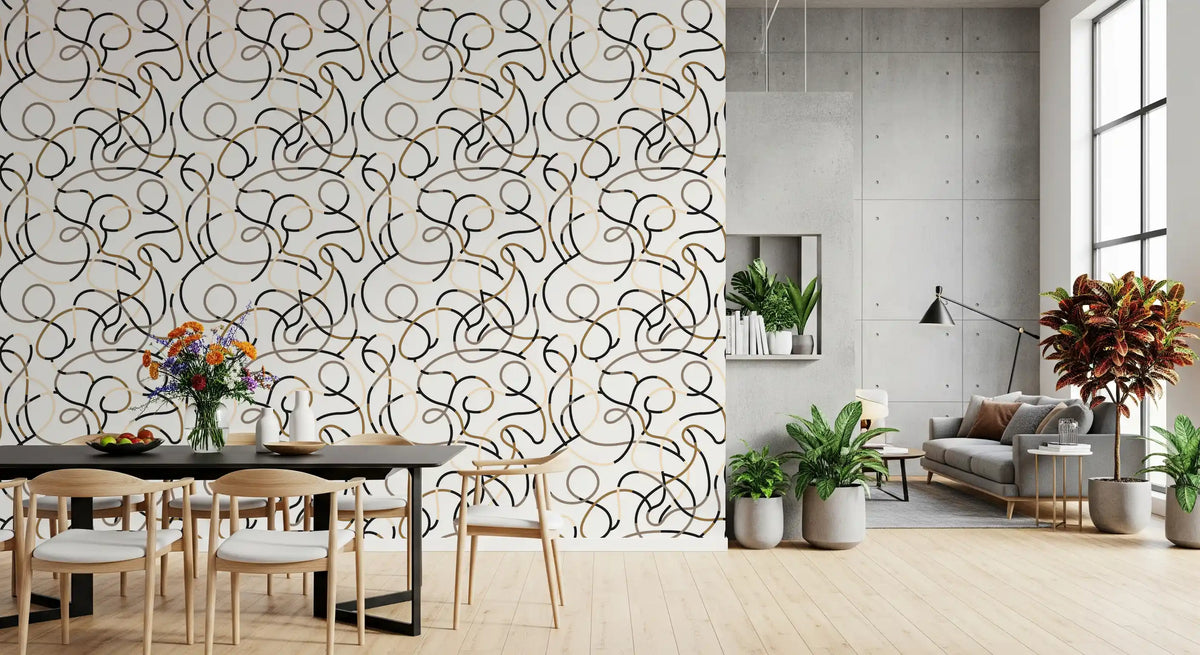 Abstract line wallpaper on a dining room wall with wood table and green plants GD11922