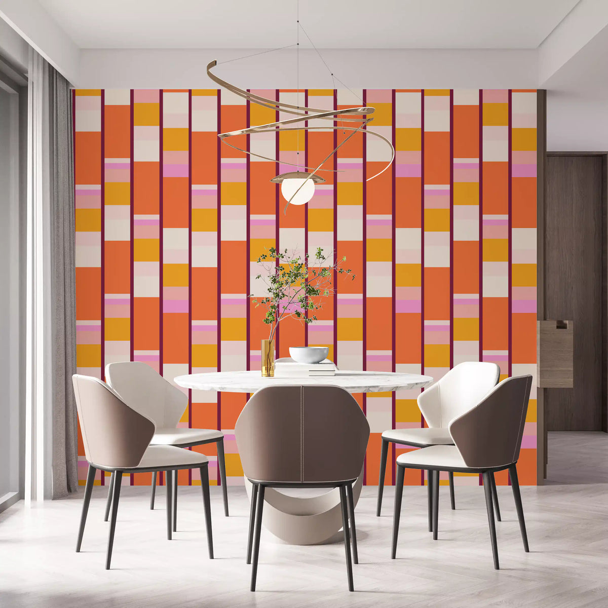 Retro stripe wallpaper in a dining room with a round table and modern chairs GD11924