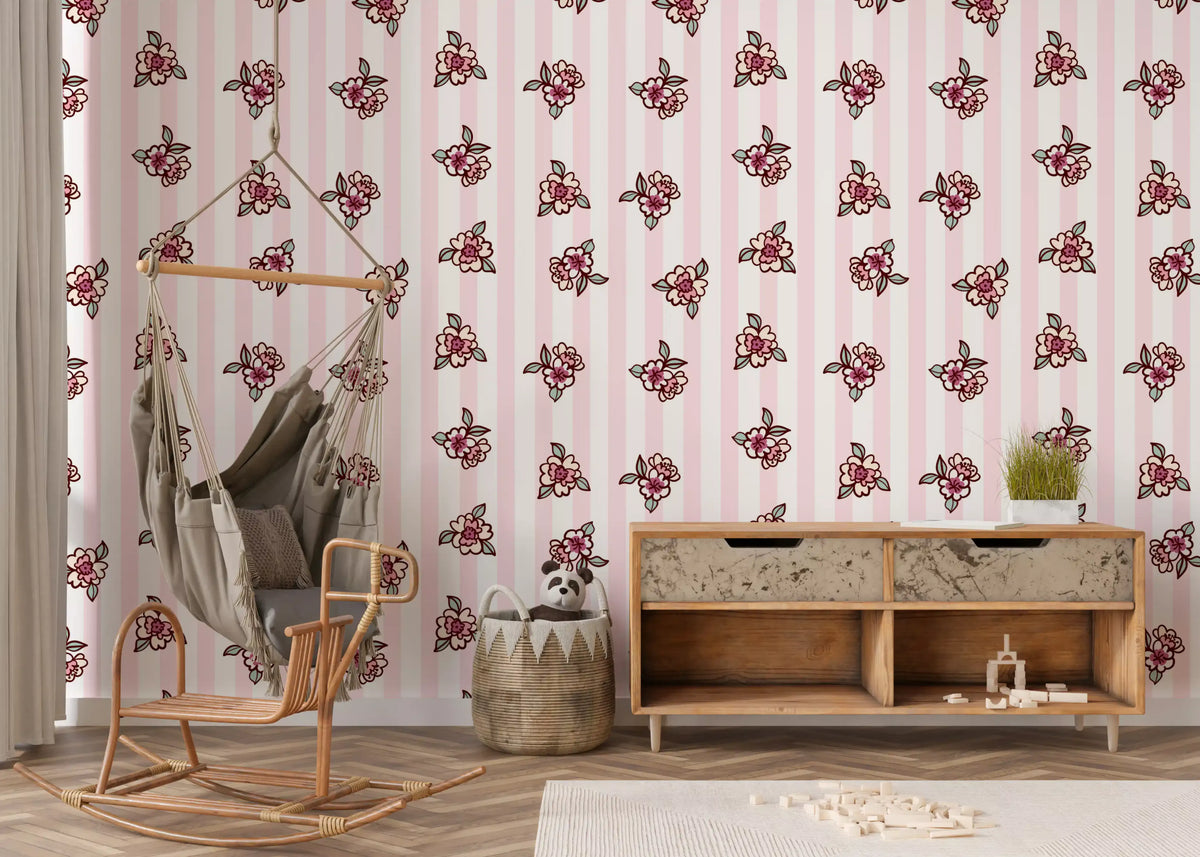 Pink blossom stripe wallpaper in a playroom with a hanging rattan chair GD11926