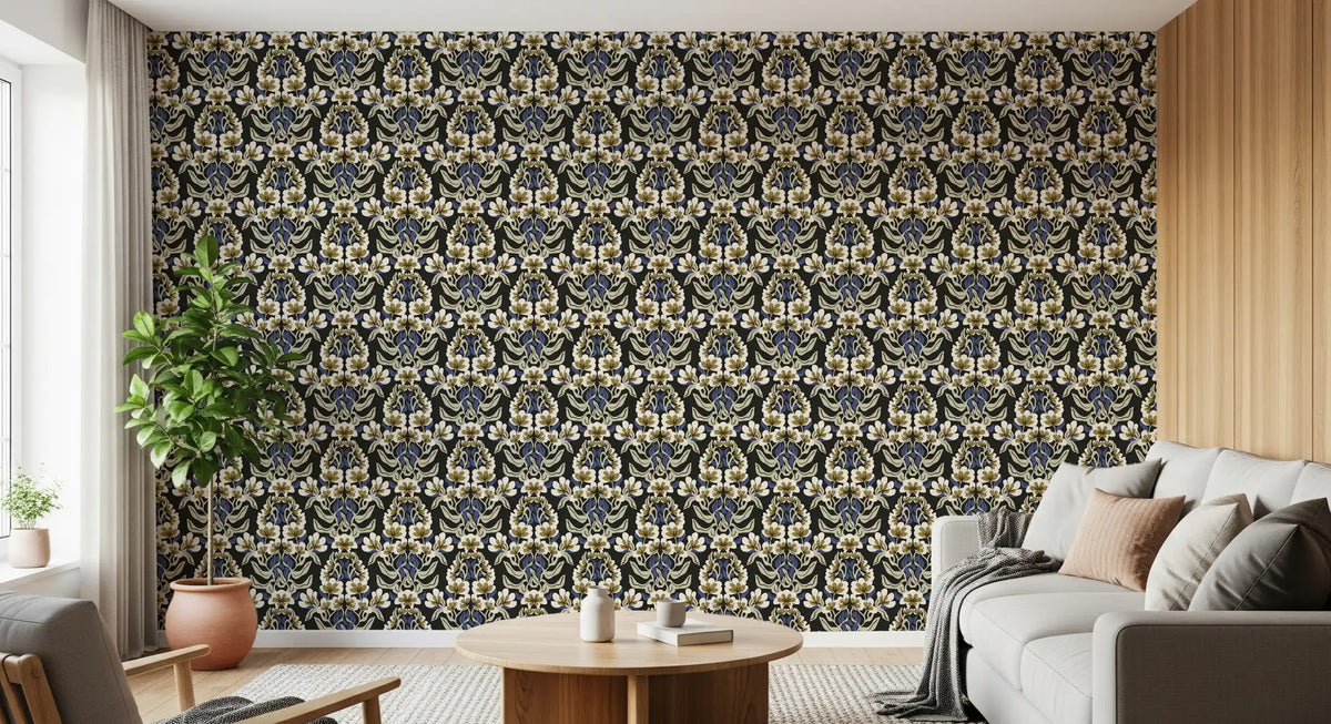 Dark botanical damask wallpaper in a living room with a grey sofa and plant GD11927