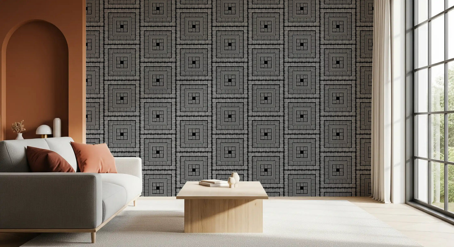 Abstract Hand-Drawn Linear Square Motif Wallpaper⁠