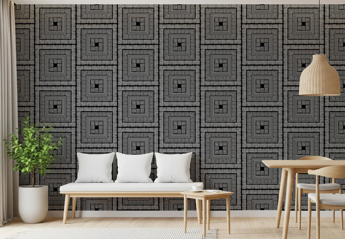 Abstract Hand-Drawn Linear Square Motif Wallpaper⁠