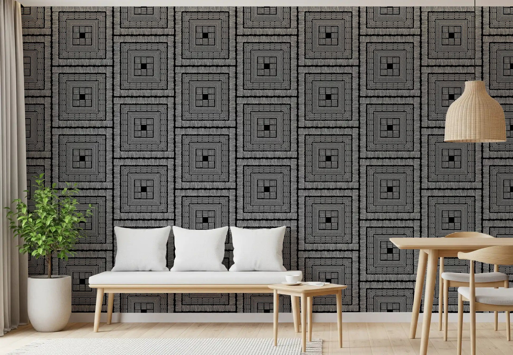 Abstract Hand-Drawn Linear Square Motif Wallpaper⁠