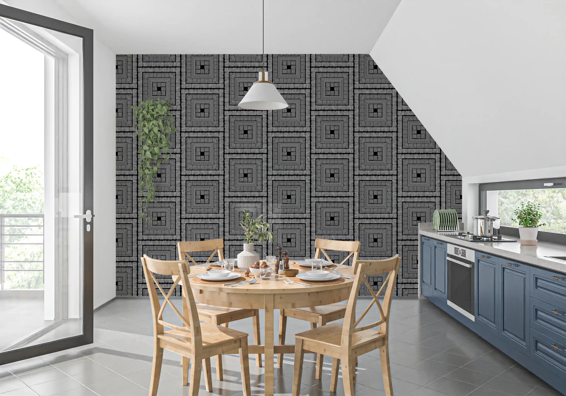 Abstract Hand-Drawn Linear Square Motif Wallpaper⁠