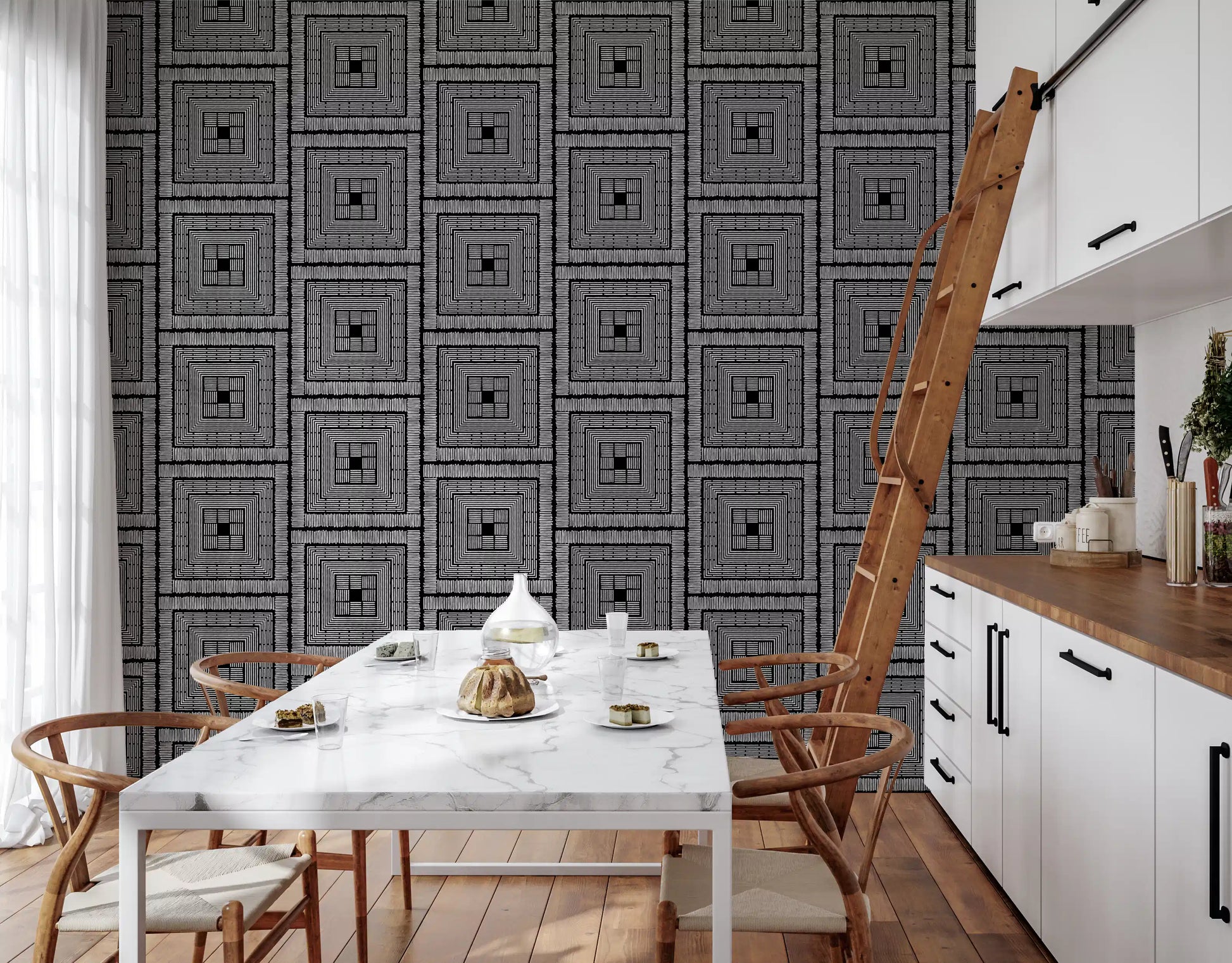 Abstract Hand-Drawn Linear Square Motif Wallpaper⁠