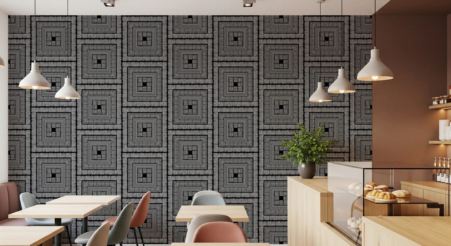 Abstract Hand-Drawn Linear Square Motif Wallpaper⁠