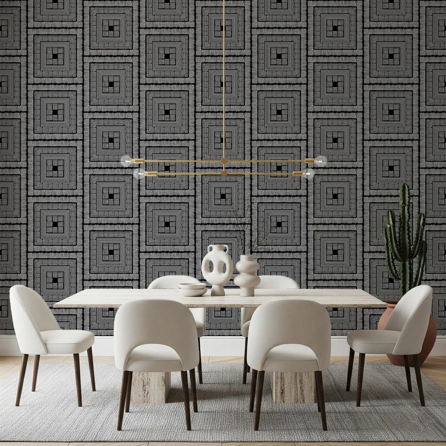 Abstract Hand-Drawn Linear Square Motif Wallpaper⁠