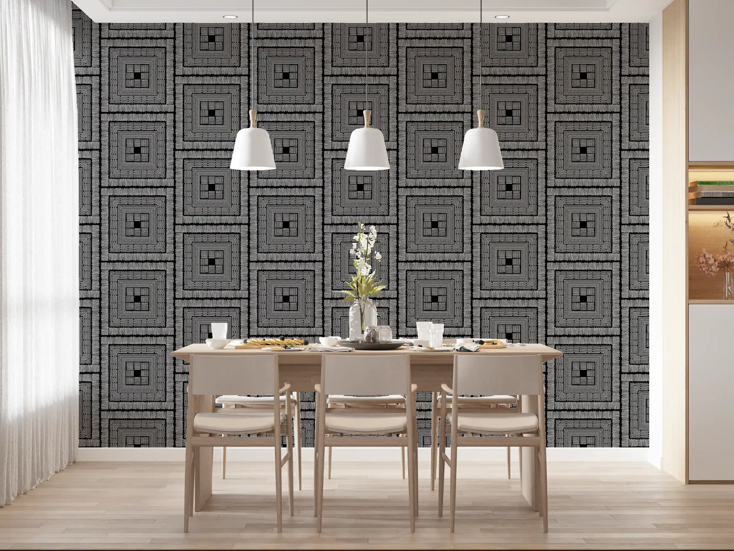 Abstract Hand-Drawn Linear Square Motif Wallpaper⁠