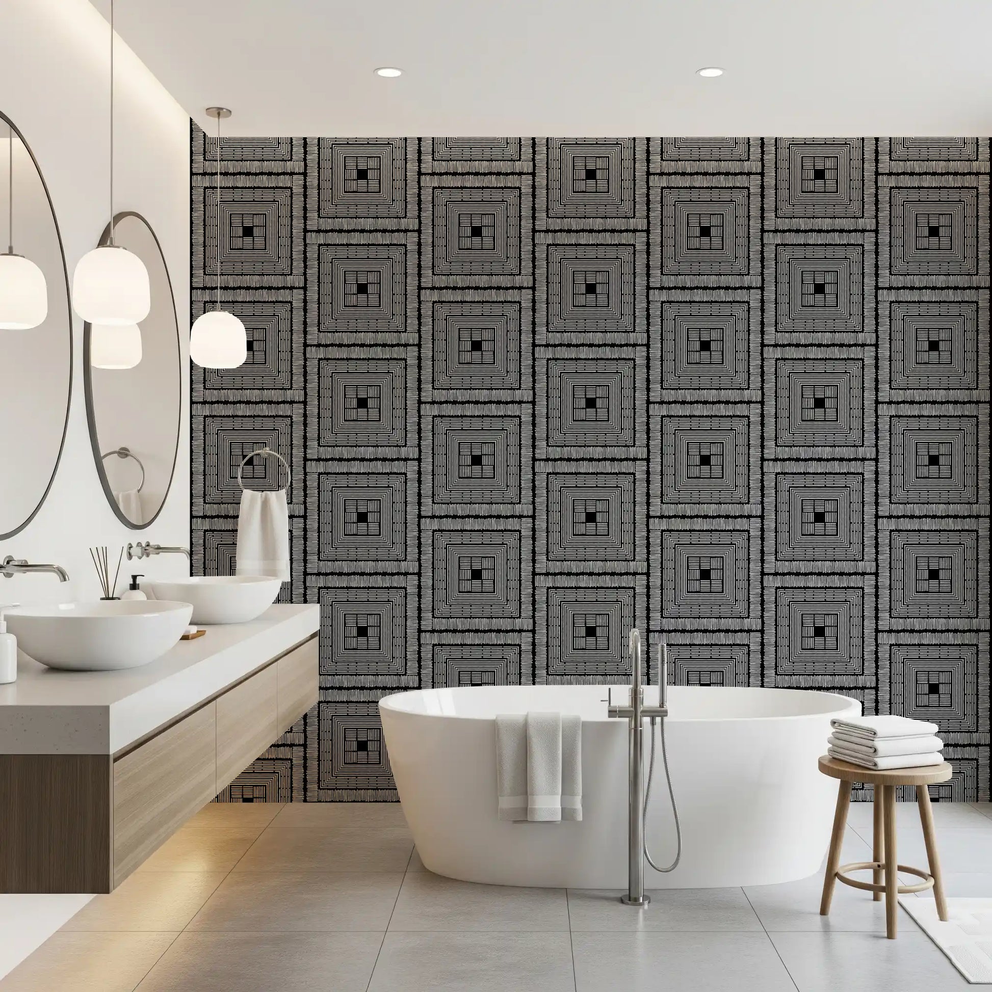 Abstract Hand-Drawn Linear Square Motif Wallpaper⁠
