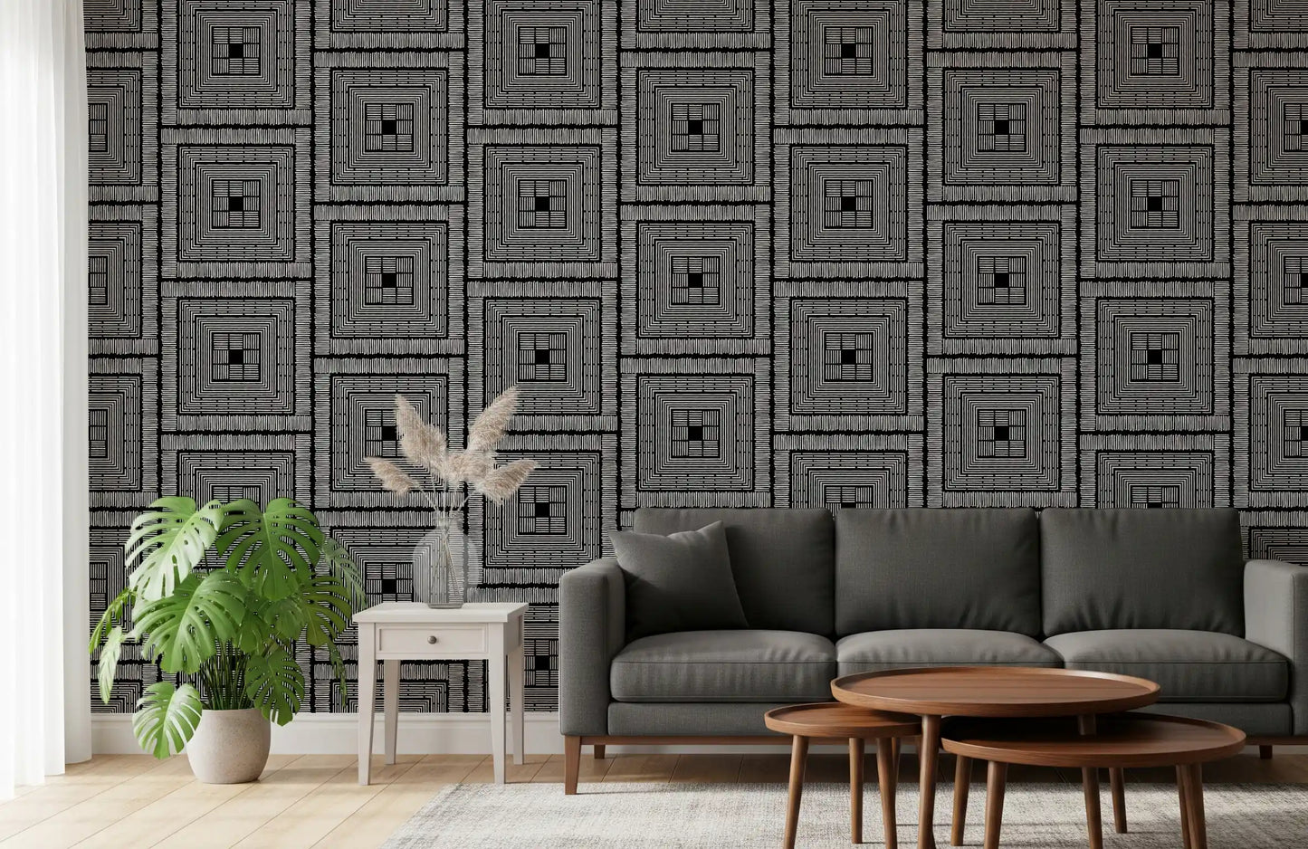 Abstract Hand-Drawn Linear Square Motif Wallpaper⁠