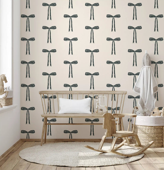 Hand-drawn bows wallpaper in a kids room with a bench and rocking horse GD11929