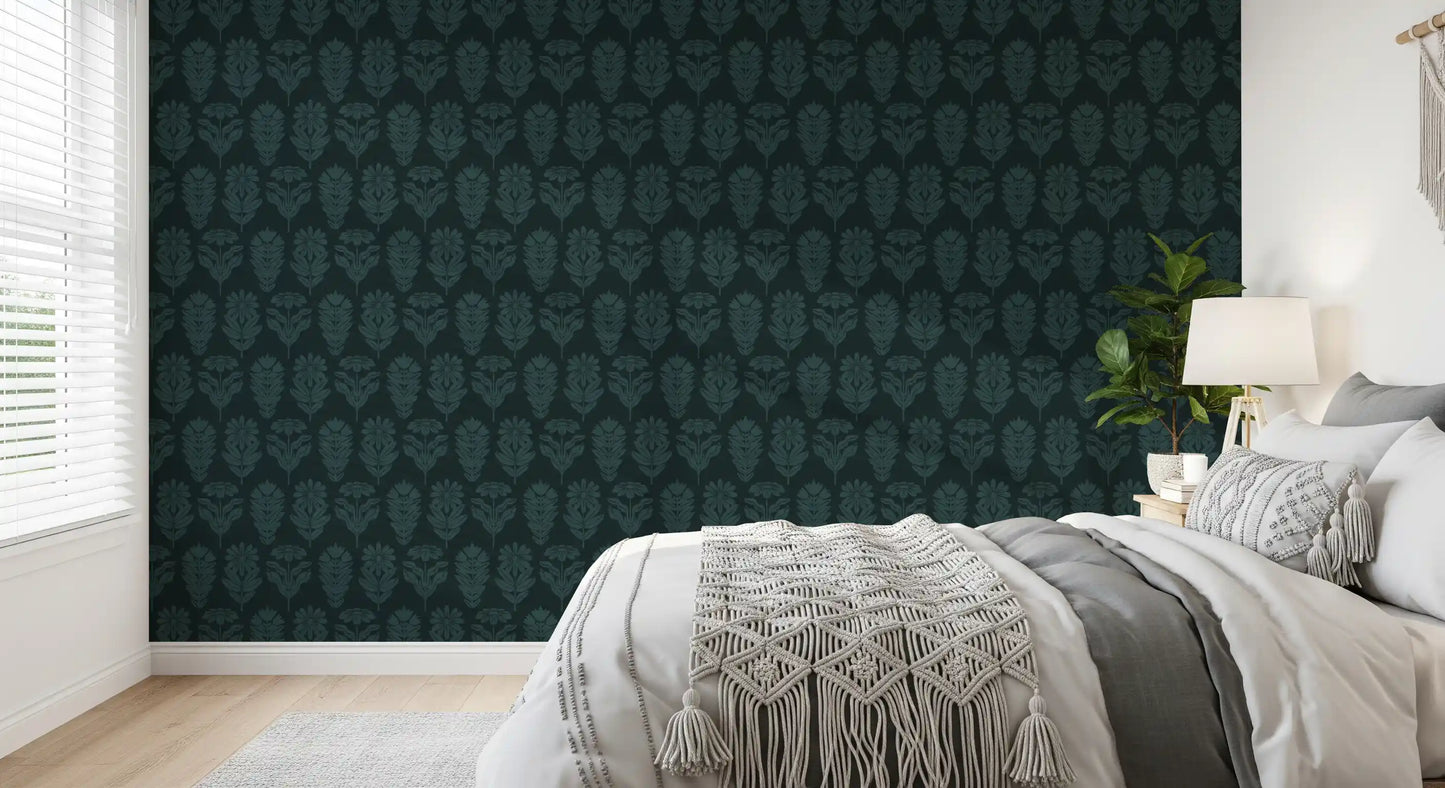 Midnight Botanical Block Print Wallpaper⁠