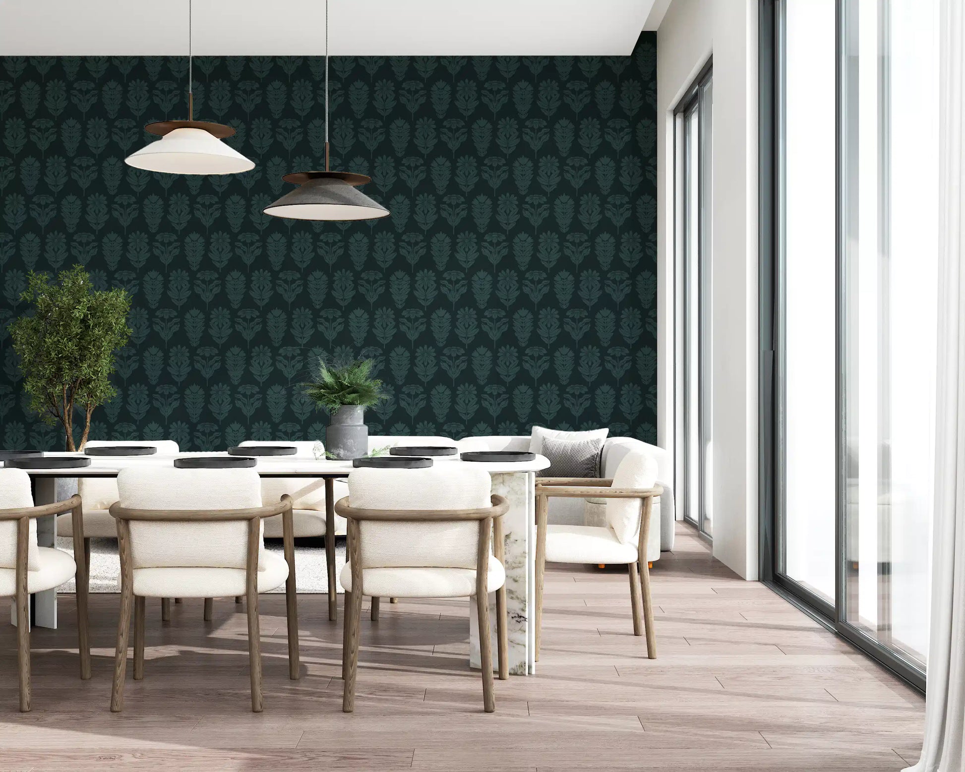 Midnight Botanical Block Print Wallpaper⁠