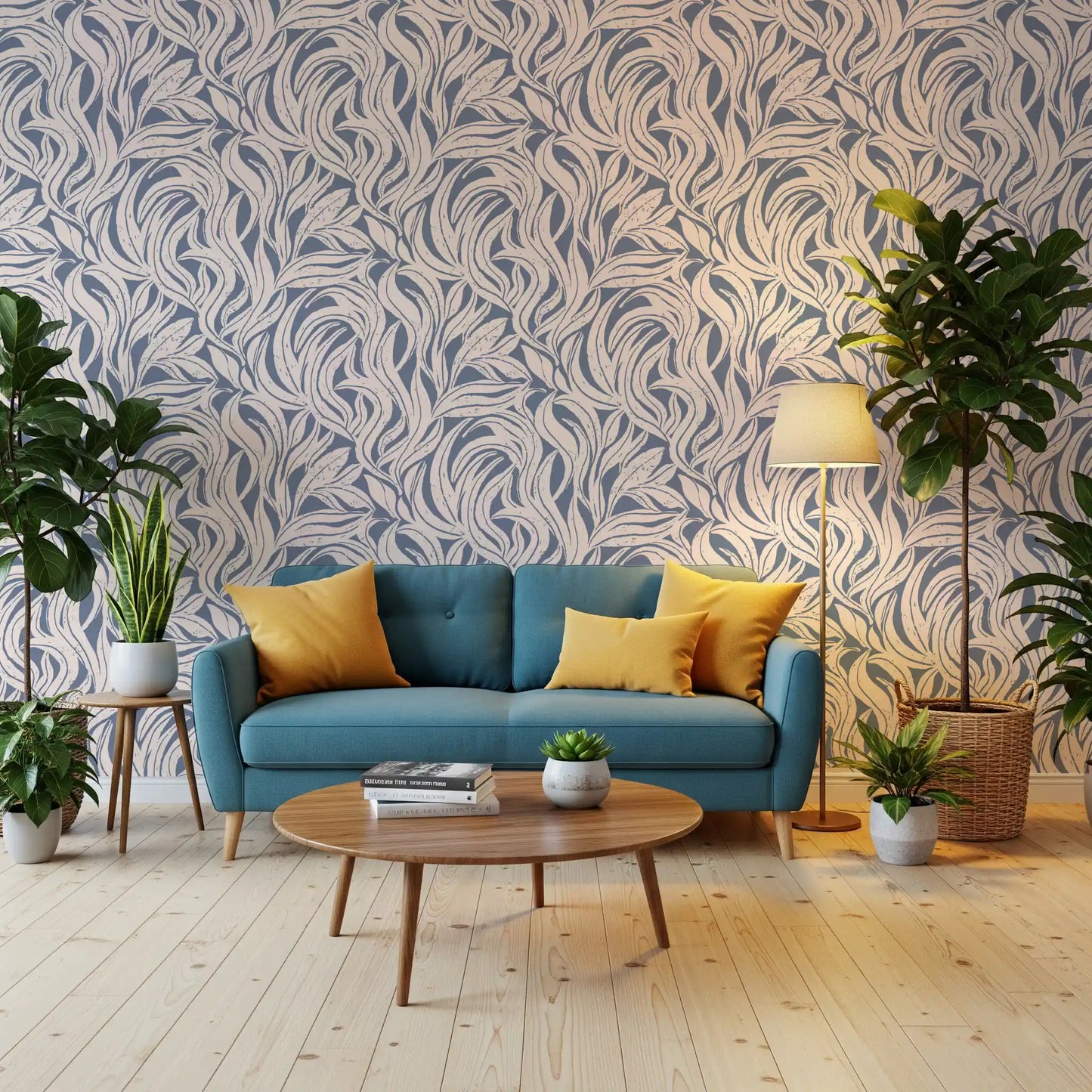 Cream and Blue Flowing Leaf Pattern Wallpaper⁠