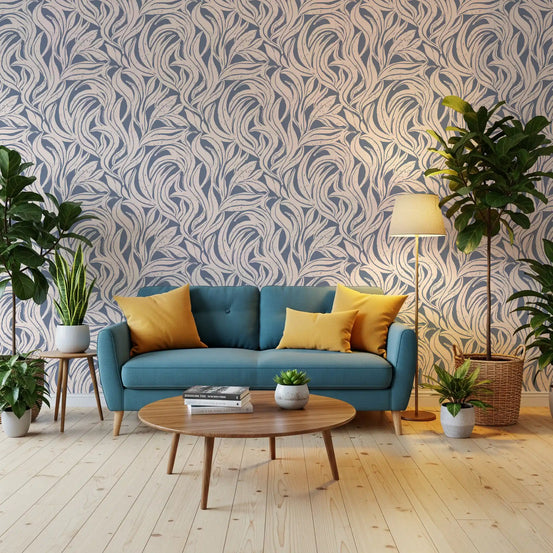 Cream and Blue Flowing Leaf Pattern Wallpaper⁠