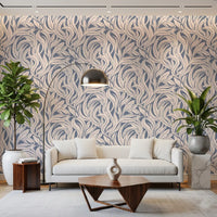 Cream and Blue Flowing Leaf Pattern Wallpaper⁠