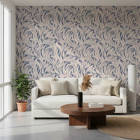 Cream and Blue Flowing Leaf Pattern Wallpaper⁠