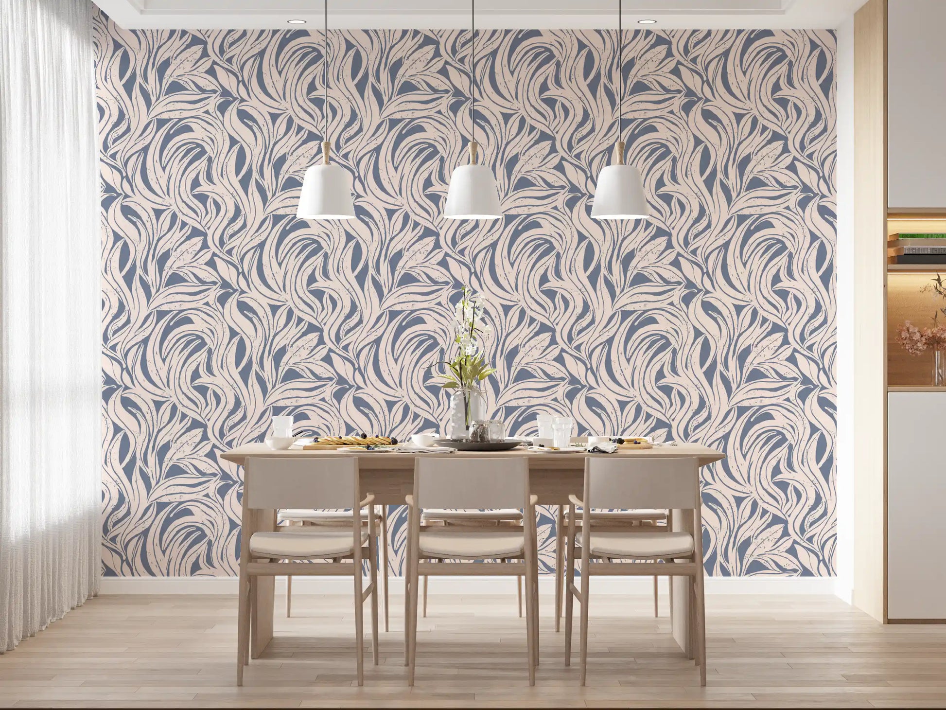 Cream and Blue Flowing Leaf Pattern Wallpaper⁠