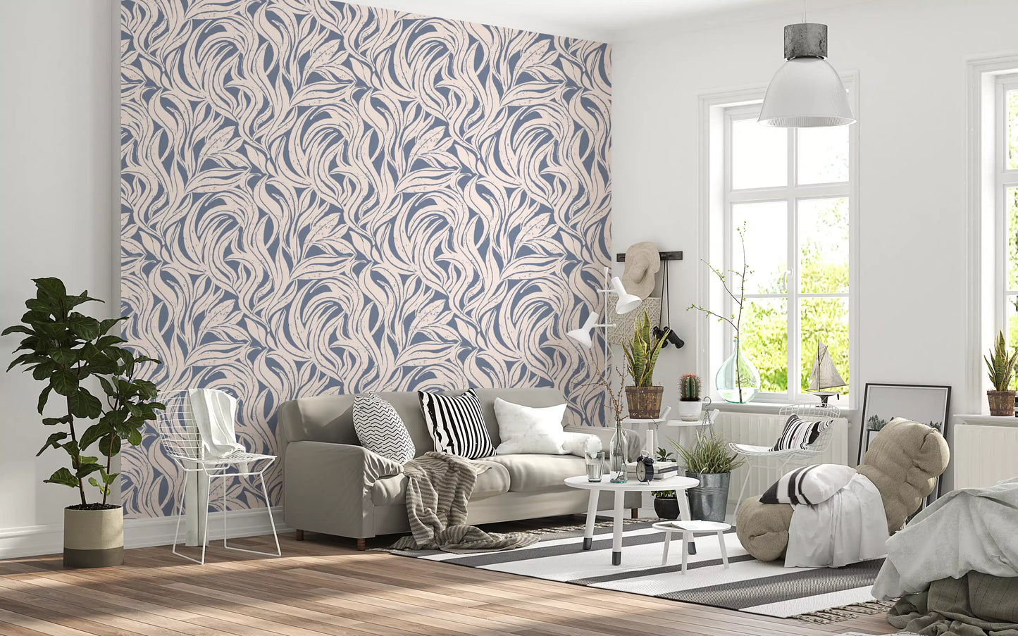 Cream and Blue Flowing Leaf Pattern Wallpaper⁠