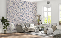 Cream and Blue Flowing Leaf Pattern Wallpaper⁠