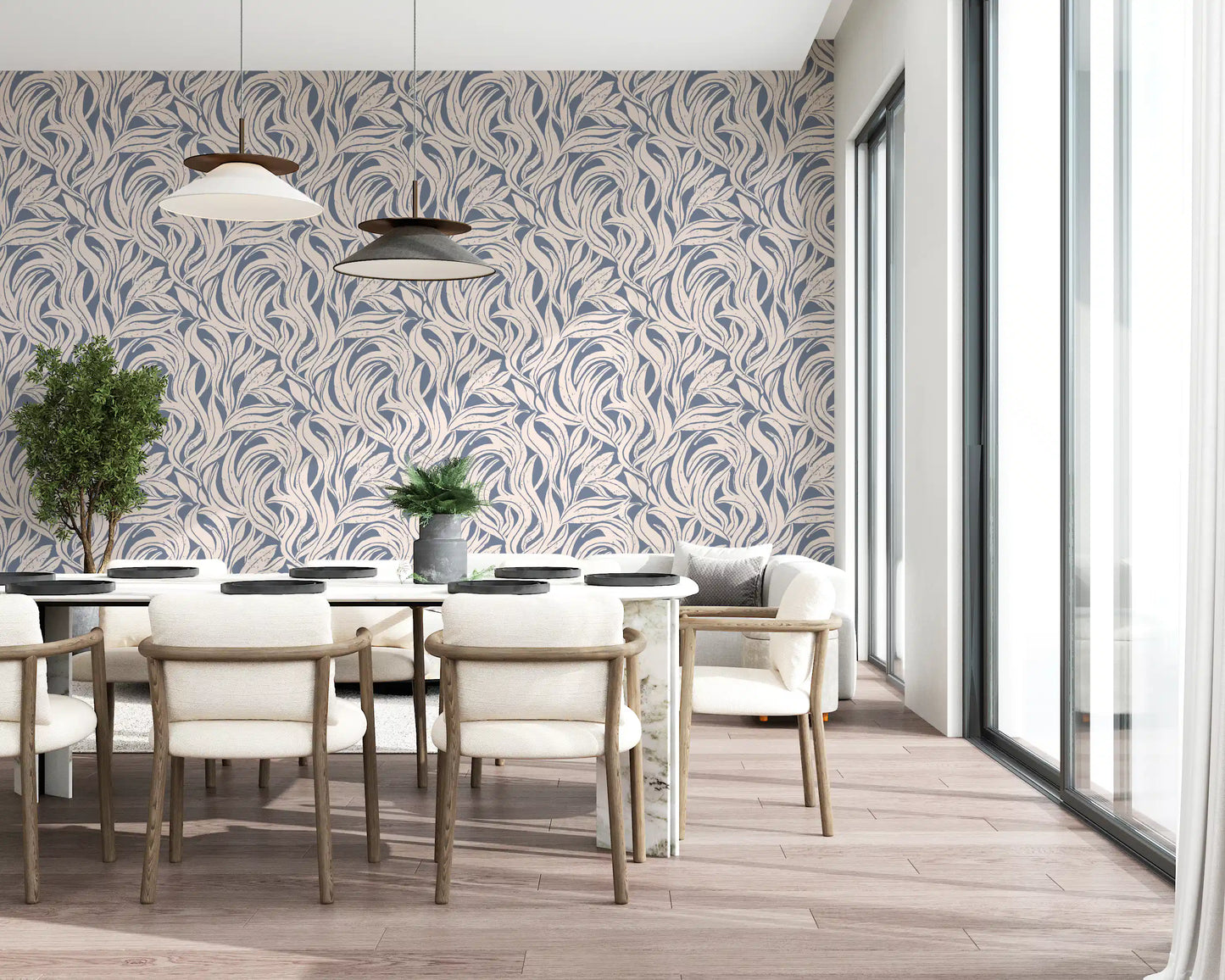 Cream and Blue Flowing Leaf Pattern Wallpaper⁠